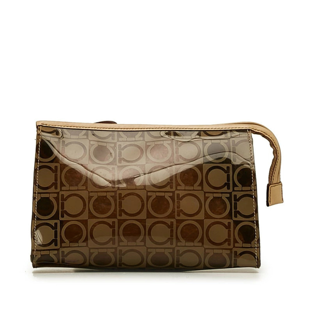 Salvatore Ferragamo Gancini Clutch Brown Beige Vinyl Leather